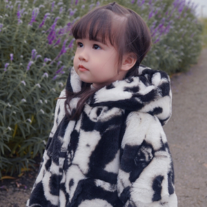 「黑白熊猫大衣」古吉一家男女儿童皮草大衣长款冬绒加厚亲子外套