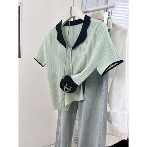 绿色娃娃领短袖针织衫女夏季2024新款设计感小众宽松开衫外套上衣