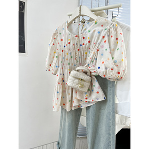 彩色波点泡泡袖短袖衬衫女夏季设计感小众法式高级感衬衣小衫上衣