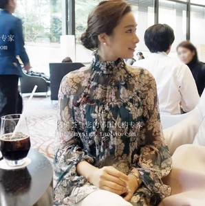 韩国代购新款女装2022春季气质印花真丝轻熟女长袖上衣衬衫两件套