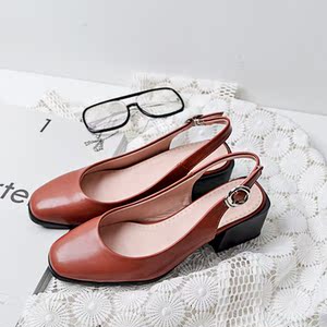 包头方头中空后系带粗跟5cm高跟凉鞋 特小码女鞋32d 33 34-43码h