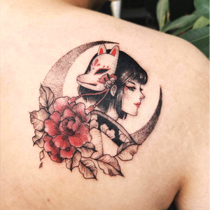 日系艺妓狐狸面具少女纹身贴防水持久女花臂纹身贴纸网红遮瑕仿真