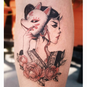 性感少女花臂日系艺妓红色小腿纹身贴防水女持久浮世绘ins风贴纸