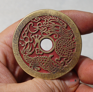 朱砂龙凤吉祥图案花钱古玩古董仿古币铜钱压岁钱吉语钱老包浆