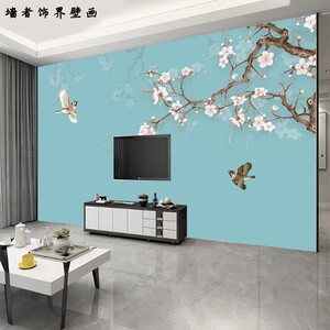 电视机背景墙纸壁纸壁画装饰墙绘兰花复古手绘花鸟新中式淡雅花鸟