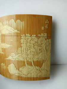 新品包邮留青 竹刻山水画烟盒 牙签盒 高端文玩工艺品 手把件