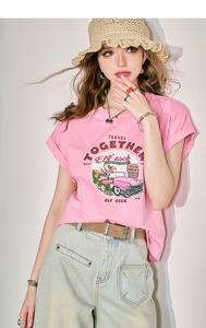 妖精的粉色宽松短袖t恤女2024夏季新款袖口花边设计显瘦上衣