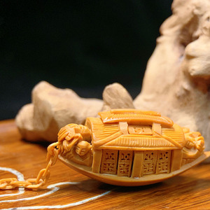 苏工名家核雕 核舟记小船一帆风顺橄榄核雕刻精品单籽带锚链开窗