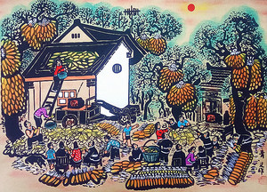 秋收农村玉米丰收场剥包谷酒饭店农家乐院户县农民画尺寸52x38cm