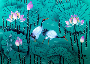丹顶鹤仙鹤荷花莲花鸟送朋友同学同事礼品礼物农民画尺寸52x38cm
