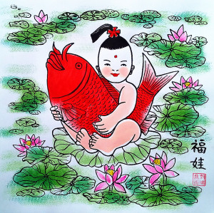 连年有余小孩娃娃抱鱼吉祥如意陕西西安户县农民画尺寸25x25cm