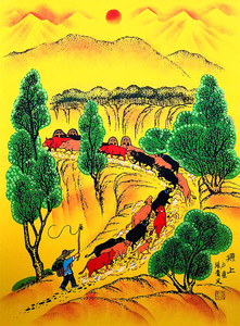 塬上黄土高原高坡农村生活农家乐张青义户县农民画尺寸52x38cm