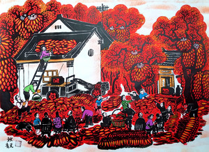 秋收图农村玉米丰收场农家乐院装饰张青义户县农民画尺寸52x38cm