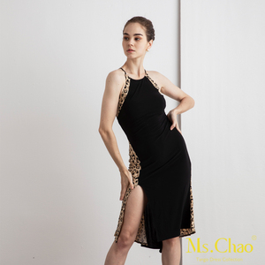 mschao阿根廷探戈tango舞裙拼接性感豹纹针织开衩鱼尾蓝衣裙气质