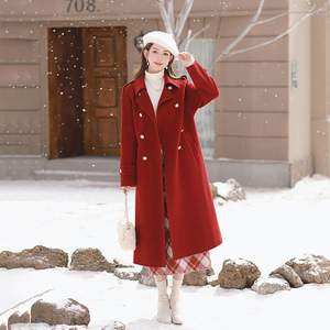 岛歌夫人 100羊毛红色双面呢子大衣毛呢外套长款女2023新款秋冬季