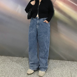 milu家大码高腰直筒阔腿宽松显瘦拖地牛仔裤老爹裤百搭胖mm200斤
