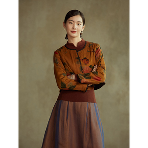 【赏红妆】吉祥羽儿原创春喷绘重缎香云纱新中式圆领短棉外套