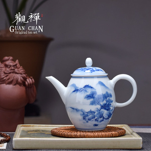 景德镇青花瓷手绘茶壶釉下彩手工山水单壶中式泡茶壶复古小茶壶