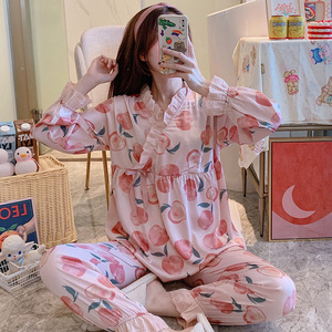 月子服春夏薄款丝绸冰丝孕妇睡衣女春秋怀孕期仿真丝喂奶哺乳套装