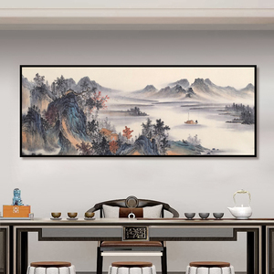 新中式纯手绘油画客厅茶室禅意装饰画山水风景壁画横版国画风挂画