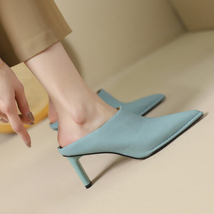 简约纯色时装高跟鞋女夏季新款里外全皮尖头细跟包头女式凉拖鞋潮