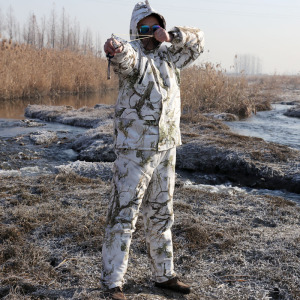 户外伪装雪地迷彩服套装男棉服袄冬季加绒仿生迷彩钓鱼服保暖防水