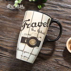 爱屋格林艺术感陶瓷马克杯带盖大容量早餐水杯情侣杯子家用咖啡杯