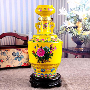 景德镇陶瓷泡酒瓶 三斤装中国黄双耳红牡丹白酒瓶 3斤密封酒坛子