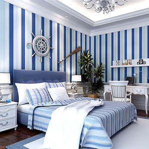 带背胶自粘壁纸 蓝色无纺布地中海竖条纹 客厅卧室宿舍自贴墙纸