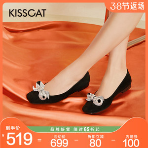 接吻猫女鞋2022春季新款气质流行水钻蝴蝶结羊皮绒方头平底单鞋女