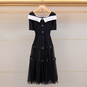 【现货】卓雅法式2023夏季新款优雅气质网纱拼接针织小黑裙连衣裙