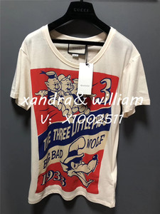 潇洒代购2019gucci春夏三只小猪画报后背亮片logo短袖男女同款t恤