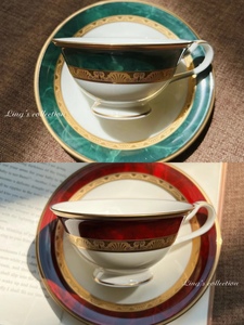 日本Noritake则武Fitzgerald翡翠绿鸽子血鎏金骨瓷咖啡杯高级中古