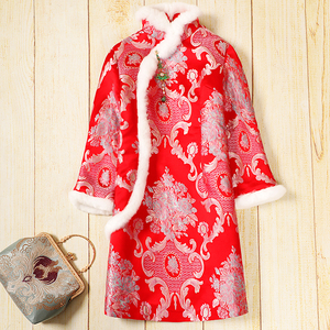 中式棉袄女中国风2020年冬季新款中长款提花织锦缎红色唐装棉袄
