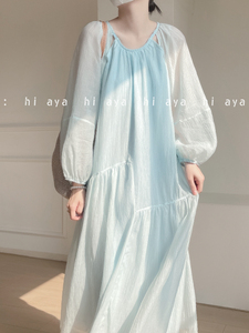 茶歇法式蓝色连衣裙夏装2024清冷文艺优雅气质度假风拼接长袖裙子