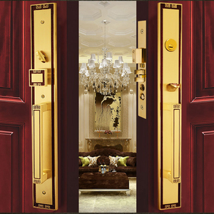 纯铜别墅大门锁新中式双开门入户门大拉手锁全铜豪华大门锁霸王花