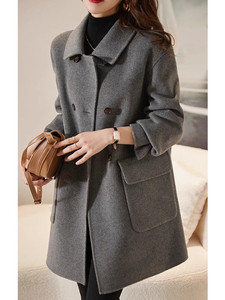 2024秋冬新款方领宽松气质灰色呢子大衣女中长款高端手工毛呢外套