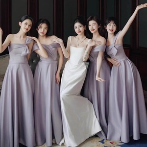 紫色伴娘服2024新款缎面礼服日常可穿修身显瘦高级小众伴娘团简约