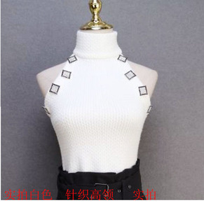 秋冬纯色高领钻石扣装饰短装无袖针织衫背心…颜色分类白色,尺码