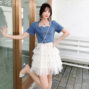 时尚牛仔套装裙2022新款小个子奶系穿搭夏学院风高腰显瘦蛋糕短裙
