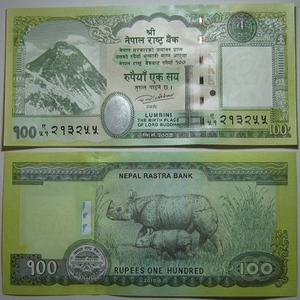 尼泊尔100卢比rupee2015年全新unc外国钱币nepal保真收藏纸钞犀牛