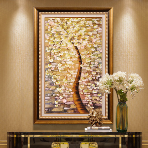 美式玄关装饰画竖版欧式进门走廊过道尽头挂画发财树招财壁画