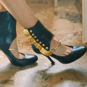 鹿皮堂淘宝韦恩鹿皮漆皮高跟鞋细跟圆头时尚优雅蝴蝶结金属豆瓣扣单