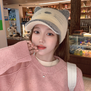 帽子女秋冬季韩版甜美针织空顶鸭舌帽加绒保暖护耳包头帽可扎马尾
