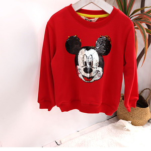 110-150cm外贸童装女童卫衣中童纯棉毛圈秋季新款闪片红色米奇头