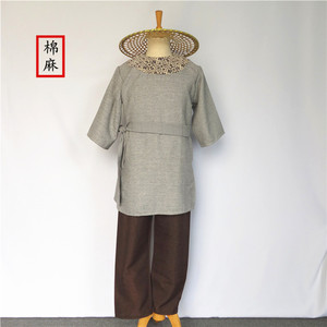 出租古装汉服小二家丁百姓伙计小贩船夫圆领棉麻短袖古代男子服装