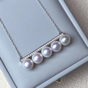 日本t家五珠平衡木珍珠项链 天然镜面光白透粉淡水akoya圆形珍珠
