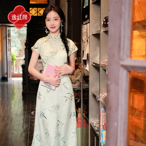 上海逸红颜洛倾2024年夏季新款缎面提花印花新中式改良旗袍裙女