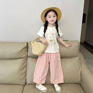 女童夏款2024新款童装韩版套装清凉印花短袖上衣T恤粉色格子裤潮