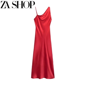 ZA 秋季新款女装不对称斜领吊带长裙丝缎质感迷笛连衣裙 4786340